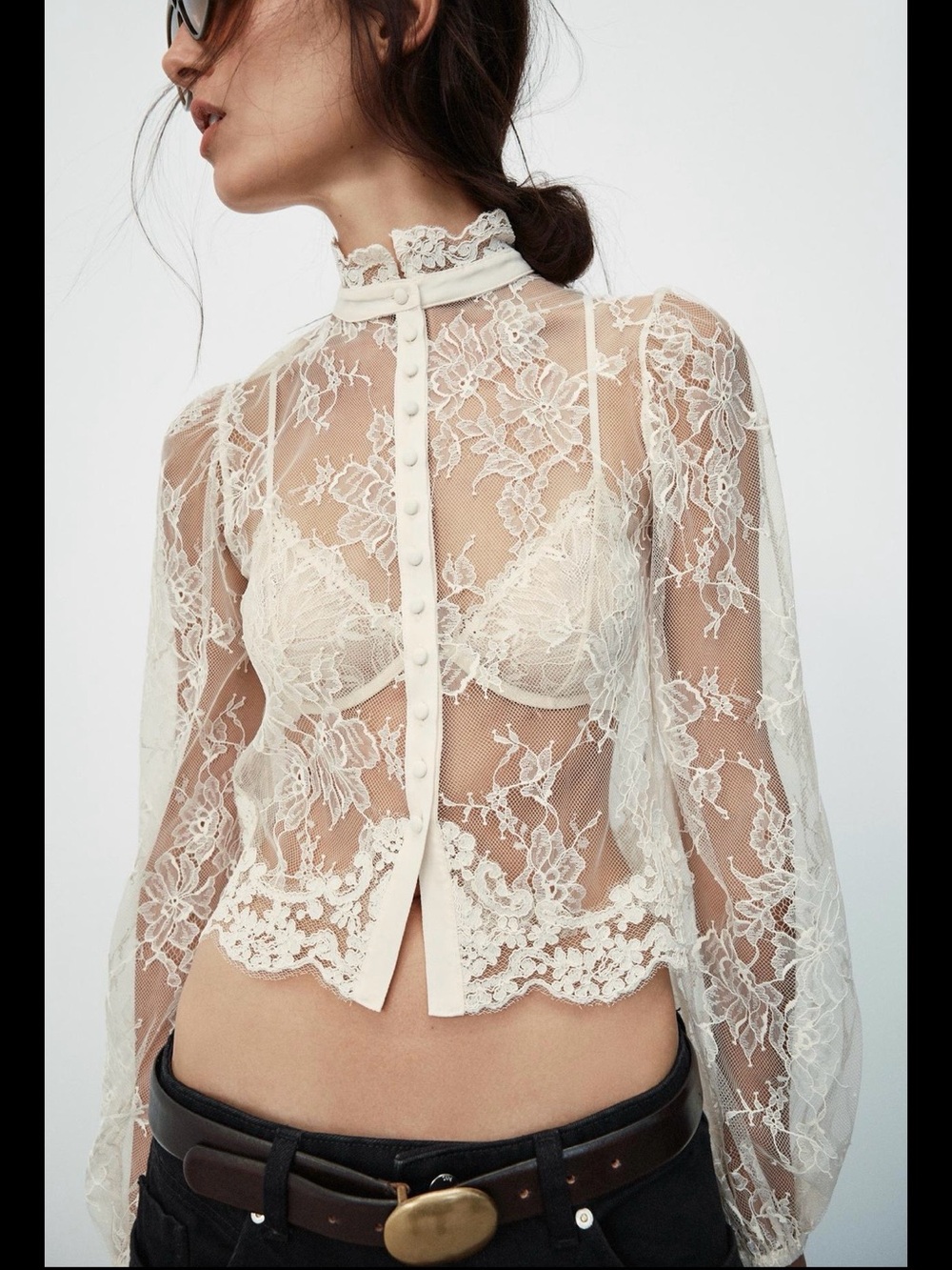 Zara Ivory Sheer Lace High-Neck Blouse